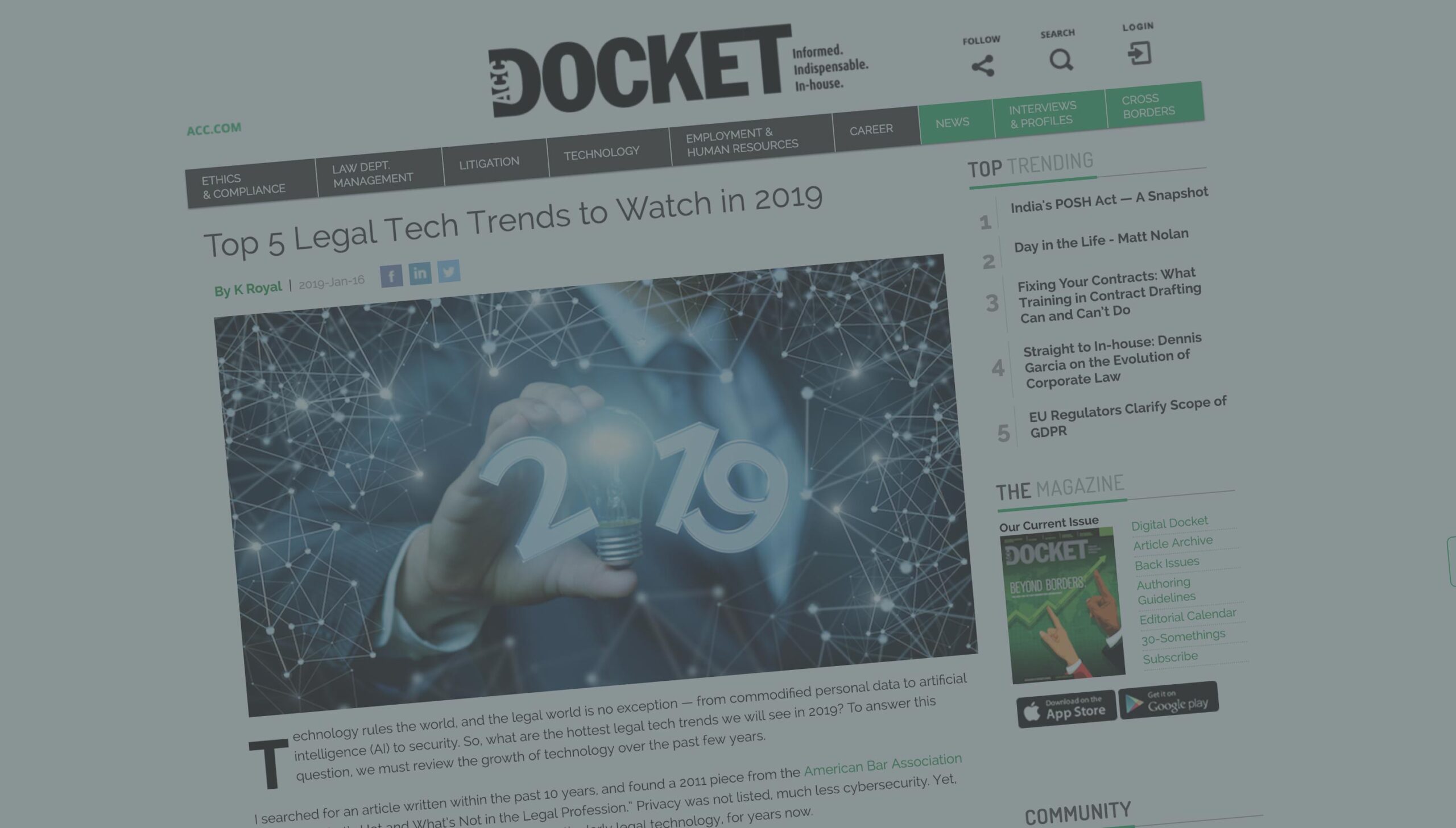 ACC Docket 1/19 – Top 5 Legal Tech Trends to Watch in 2019