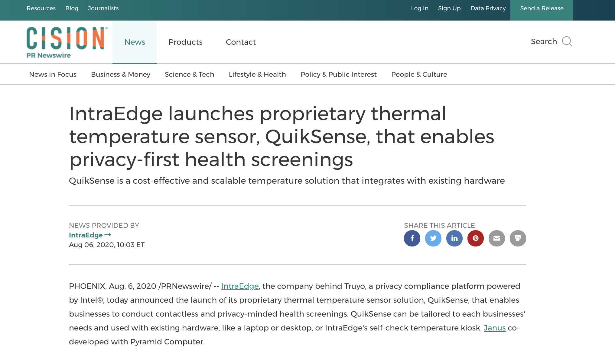 IntraEdge launches proprietary thermal temperature sensor, QuikSense, that enables privacy-first health screenings